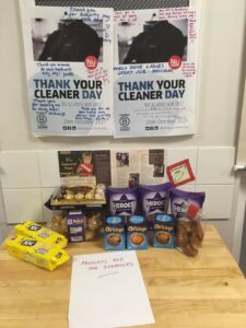 A display of signed posters and chocolates for our staff on Thank Your Cleaner Day.